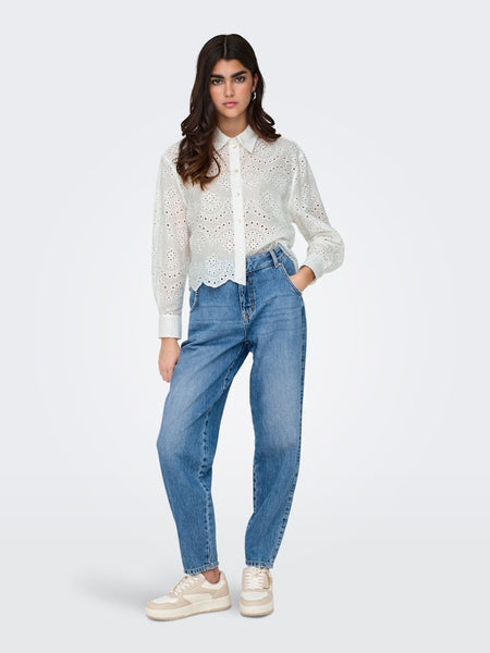 ONLY Broderie Anglaise Short Scallop Hem Shirt in White