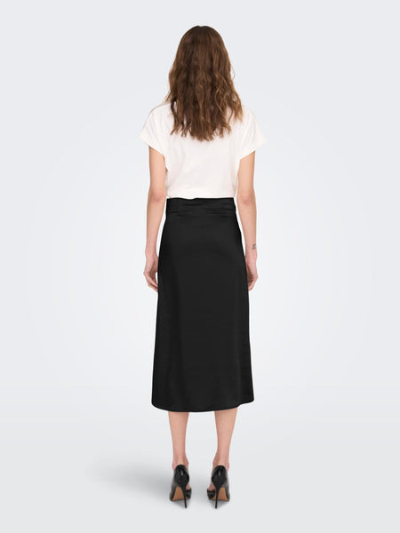 Only Satin Look Midi Skirt in Black