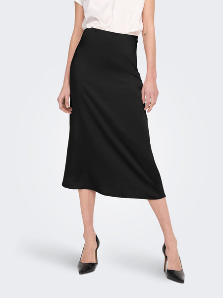 Only Satin Look Midi Skirt in Black