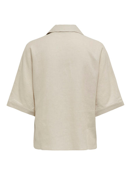ONLY Linen Blend Short Sleeve V-Neck Shirt in Beige