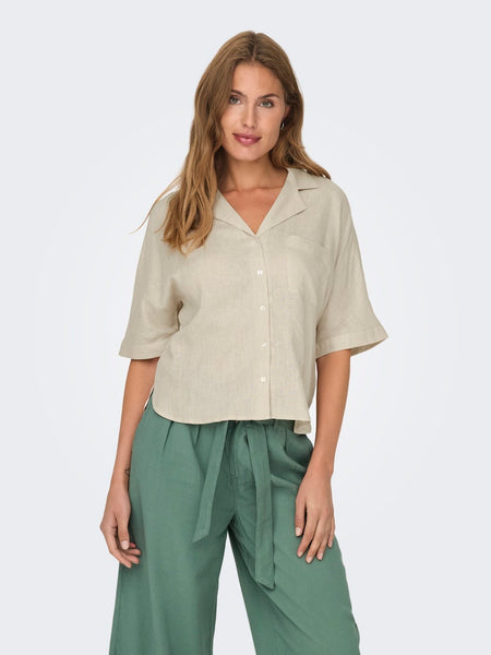 ONLY Linen Blend Short Sleeve V-Neck Shirt in Beige