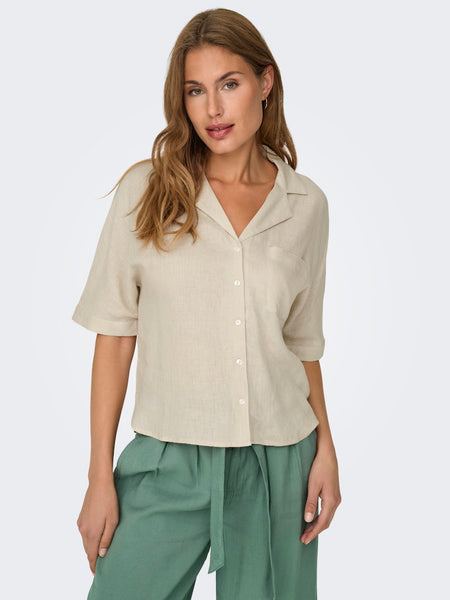ONLY Linen Blend Short Sleeve V-Neck Shirt in Beige