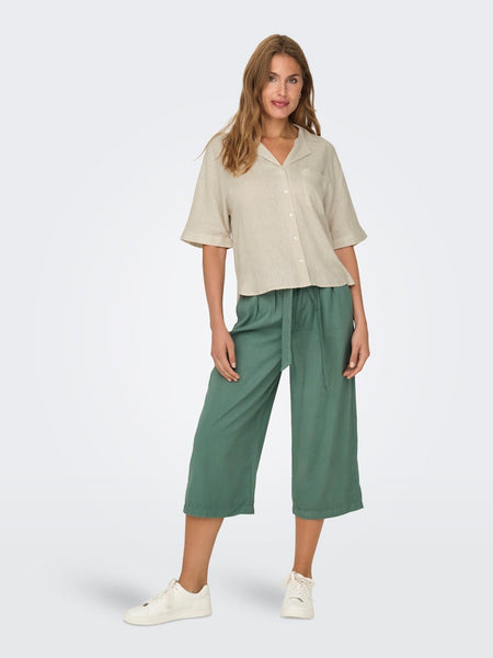 ONLY Linen Blend Short Sleeve V-Neck Shirt in Beige