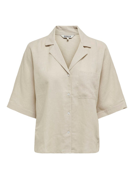 ONLY Linen Blend Short Sleeve V-Neck Shirt in Beige