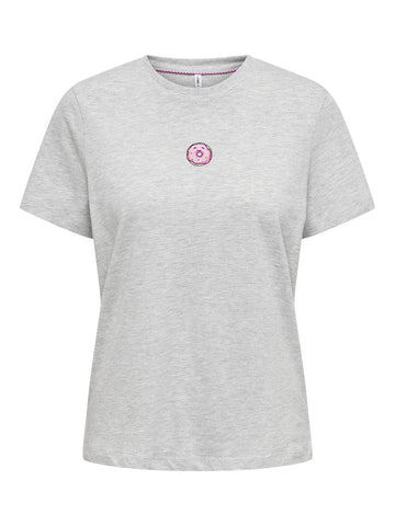 Only Embroidered Doughnut T-Shirt in Light Grey