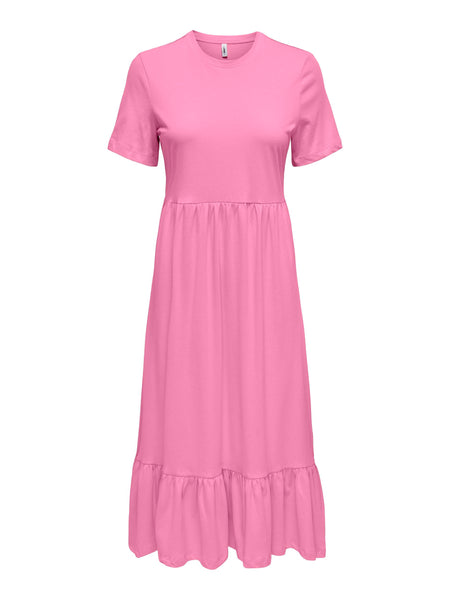 Only Short Sleeve Cotton Midi Dress in Pink