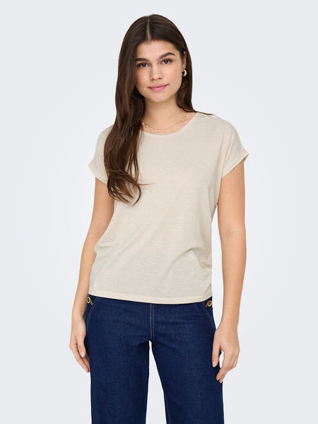 ONLY Striped Glitter T-Shirt in Cream