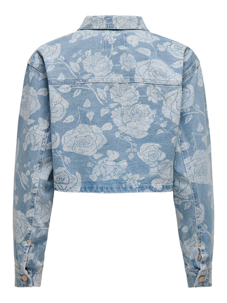 Only Cropped Floral Denim Jacket in Light Blue