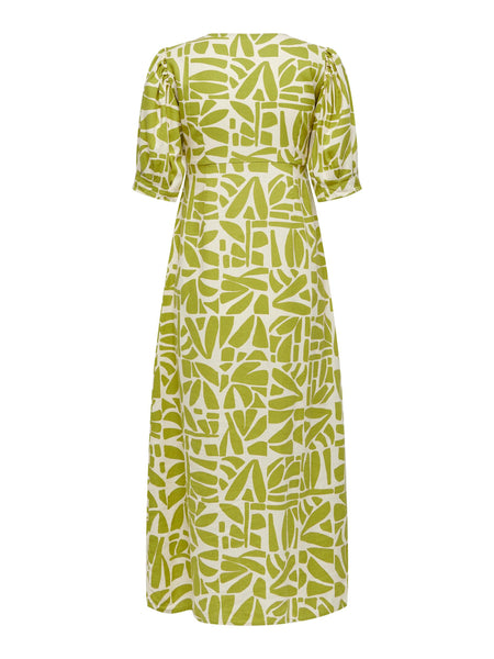 Only Patterned Linen Blend V-Neck Midi Dress in Green