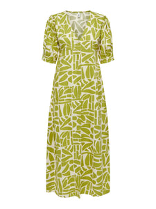 Only Patterned Linen Blend V-Neck Midi Dress in Green