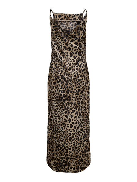 Only Sleeveless Satin Look Leopard Print Dress in Taupe