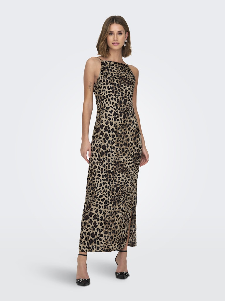 Only Sleeveless Satin Look Leopard Print Dress in Taupe