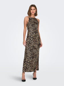 Only Sleeveless Satin Look Leopard Print Dress in Taupe