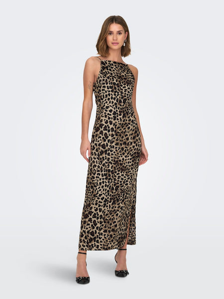 Only Sleeveless Satin Look Leopard Print Dress in Taupe