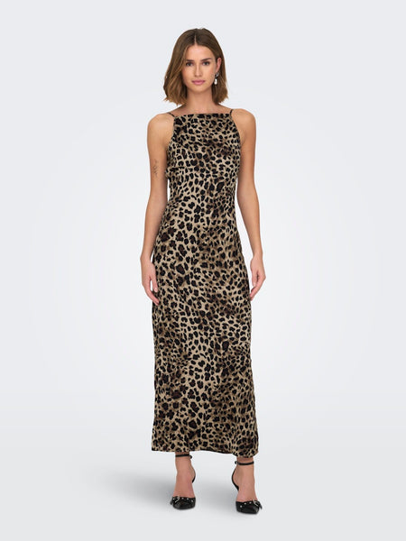 Only Sleeveless Satin Look Leopard Print Dress in Taupe