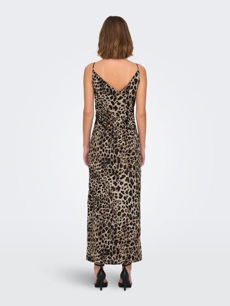 Only Sleeveless Satin Look Leopard Print Dress in Taupe