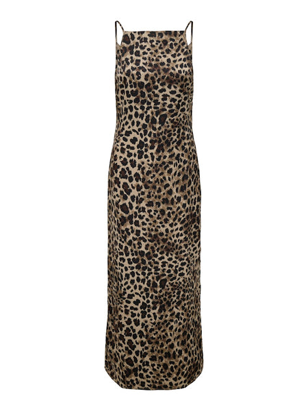 Only Sleeveless Satin Look Leopard Print Dress in Taupe