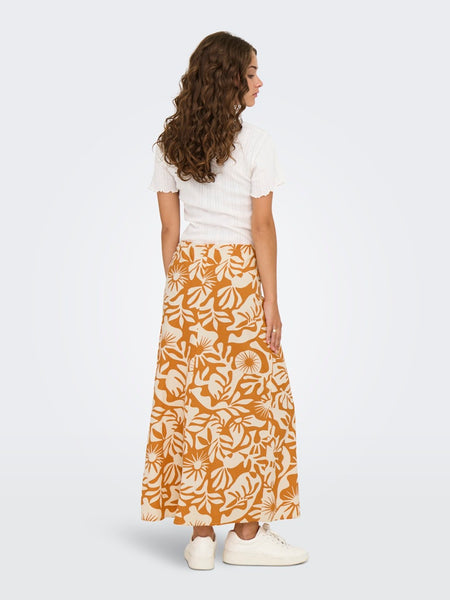 Only Long Floral Linen Blend Skirt in Orange