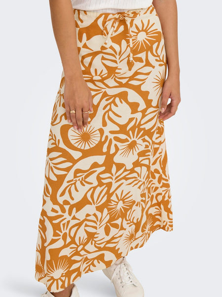 Only Long Floral Linen Blend Skirt in Orange