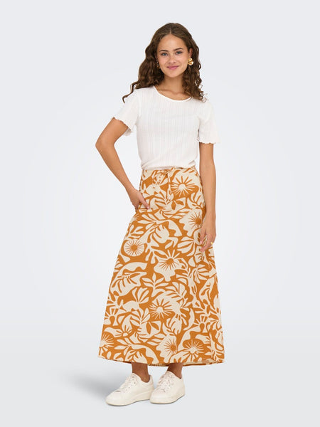 Only Long Floral Linen Blend Skirt in Orange