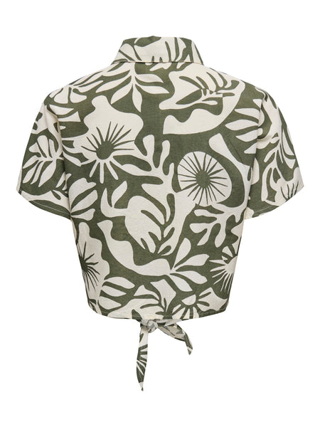 Only Floral Short Sleeve Linen Blend Knot Shirt in Khaki Green