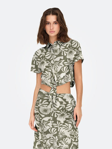 Only Floral Short Sleeve Linen Blend Knot Shirt in Khaki Green