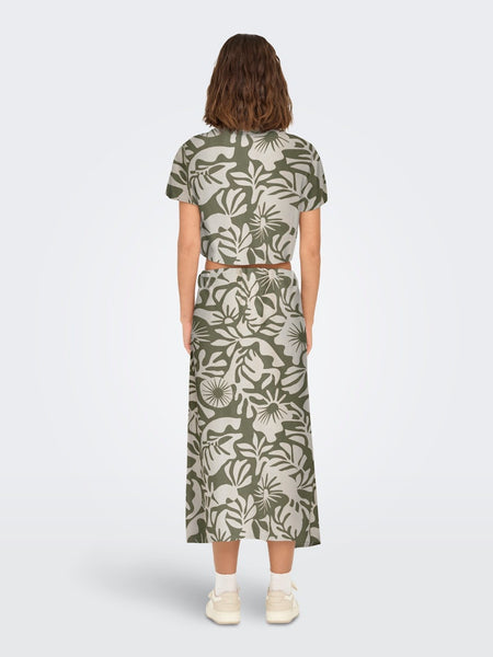 Only Floral Short Sleeve Linen Blend Knot Shirt in Khaki Green