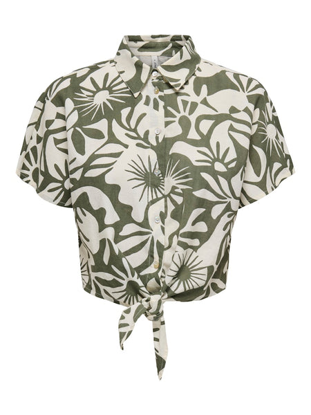 Only Floral Short Sleeve Linen Blend Knot Shirt in Khaki Green