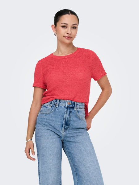 Only Short Sleeve Knitted Top in Coral
