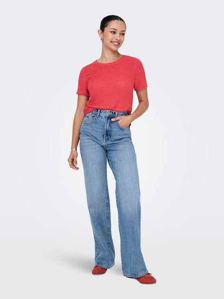 Only Short Sleeve Knitted Top in Coral