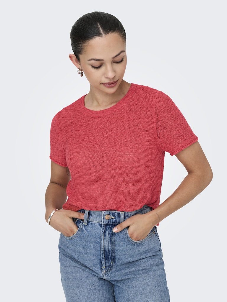 Only Short Sleeve Knitted Top in Coral