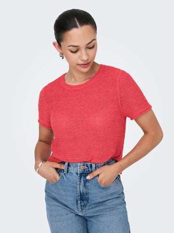 Only Short Sleeve Knitted Top in Coral