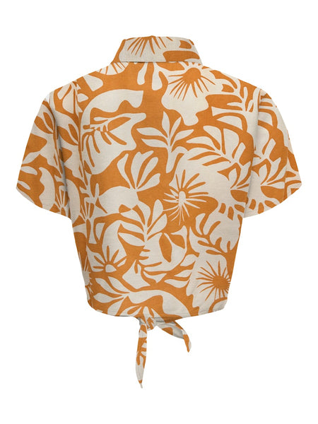 Only Floral Short Sleeve Linen Blend Knot Shirt in Orange
