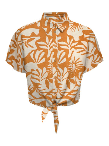 Only Floral Short Sleeve Linen Blend Knot Shirt in Orange