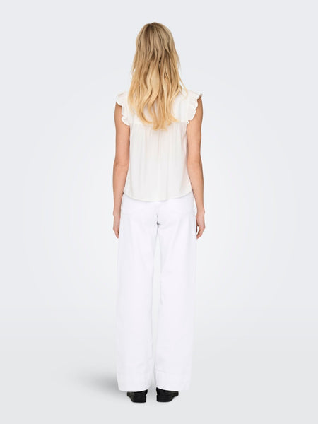 ONLY Khaki Embroidered Short Frill Sleeve Top in White