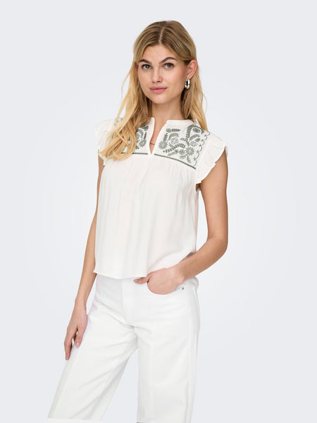 ONLY Khaki Embroidered Short Frill Sleeve Top in White