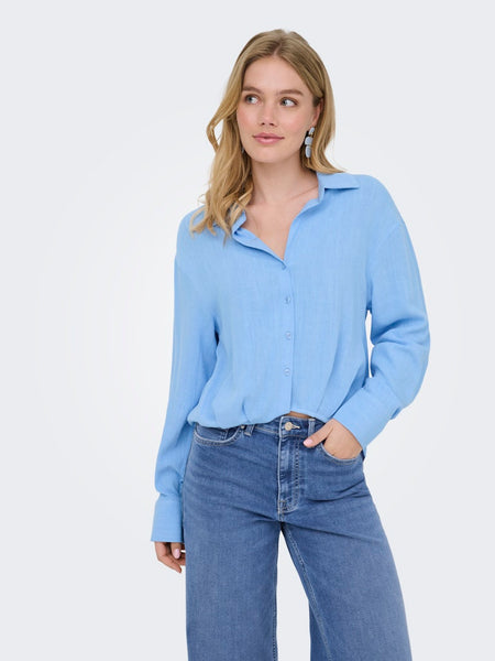 ONLY Linen Blend Balloon Shirt in Blue