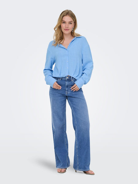 ONLY Linen Blend Balloon Shirt in Blue