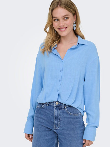ONLY Linen Blend Balloon Shirt in Blue