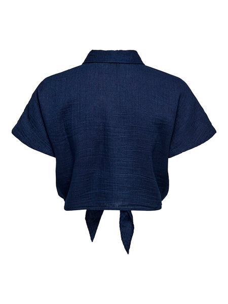 ONLY Short Sleeve Knot Cotton Shirt in Dark Blue