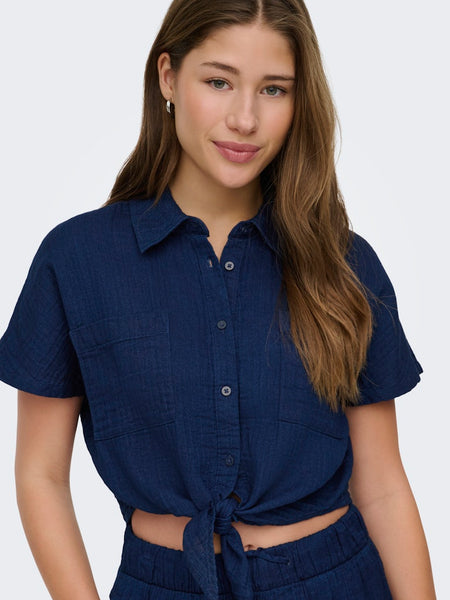 ONLY Short Sleeve Knot Cotton Shirt in Dark Blue