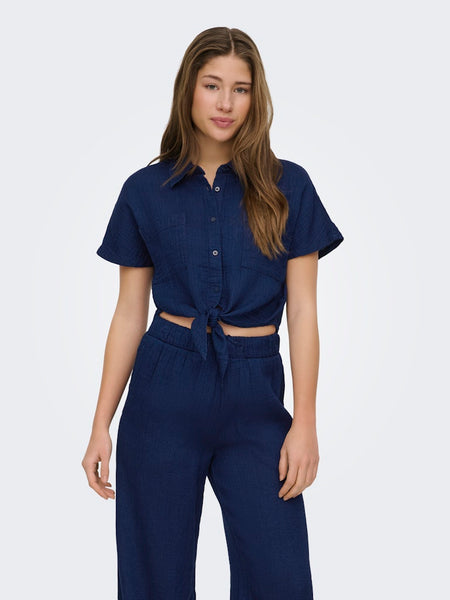 ONLY Short Sleeve Knot Cotton Shirt in Dark Blue
