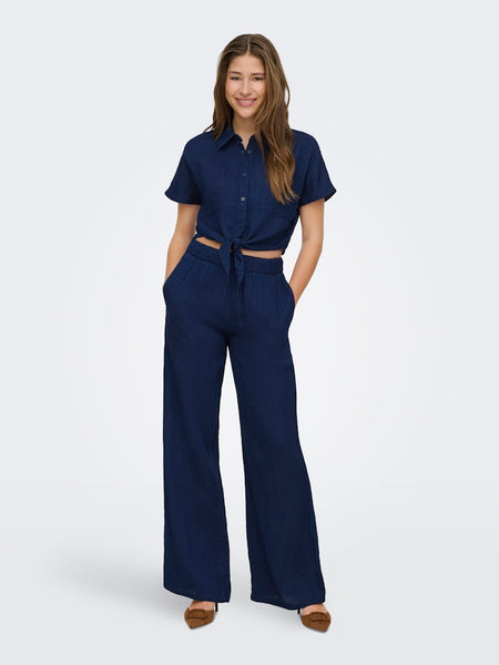 ONLY Short Sleeve Knot Cotton Shirt in Dark Blue