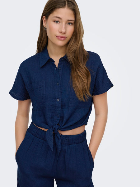 ONLY Short Sleeve Knot Cotton Shirt in Dark Blue