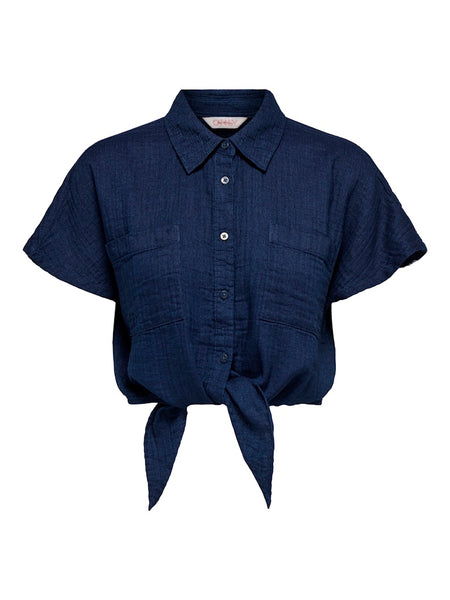 ONLY Short Sleeve Knot Cotton Shirt in Dark Blue