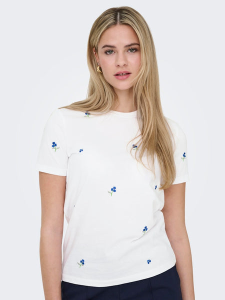 ONLY Embroidered Flower T-Shirt in White