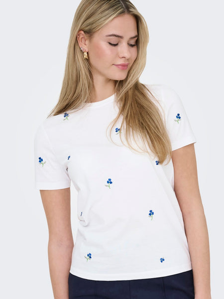 ONLY Embroidered Flower T-Shirt in White