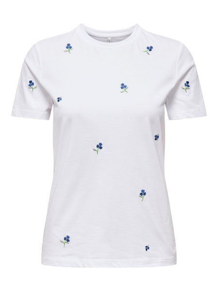 ONLY Embroidered Flower T-Shirt in White