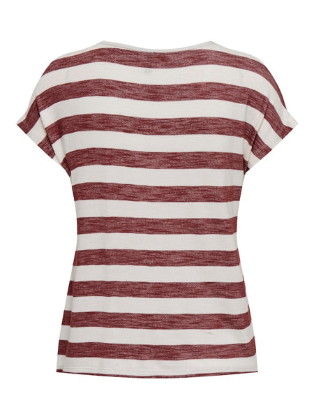 ONLY Striped Short Sleeve V-Neck Top in Maroon