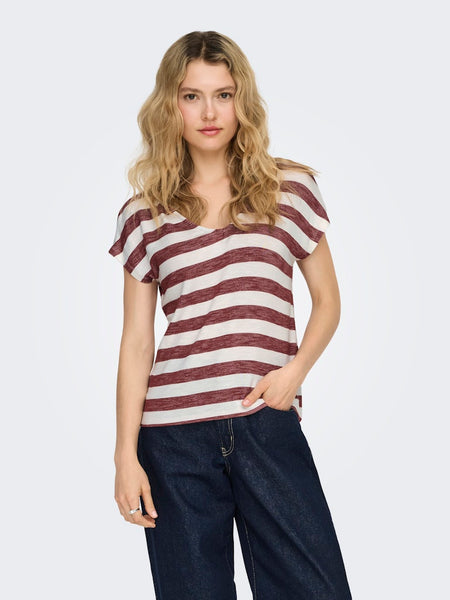 ONLY Striped Short Sleeve V-Neck Top in Maroon